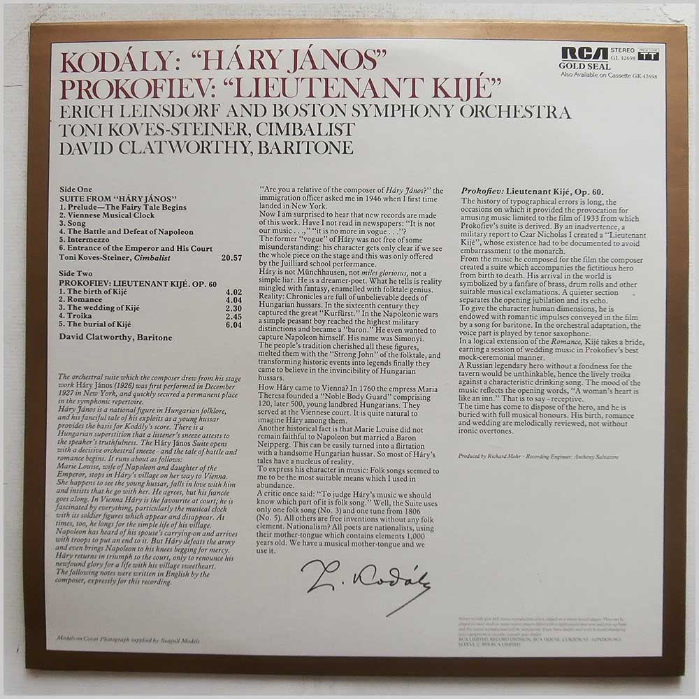 Erich Leinsdorf, Boston Symphony Orchestra  - Kodaly: Hary Janos, Prokofiev: Lieutenan Kije  (GL 42698) 
