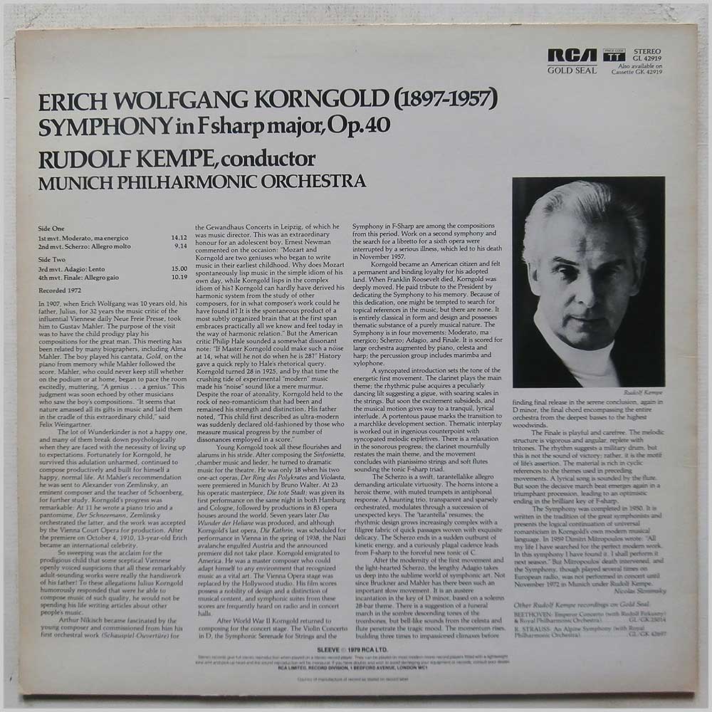 Rudolf Kempe, Munich Philharmonic Orchestra - Erich Korngold: Symphony In F Sharp Major, Op. 40  (GL 42919) 
