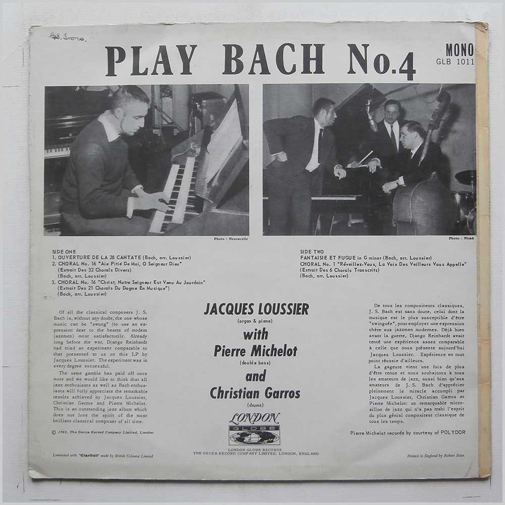 Jacques Loussier, Christian Garros, Pierre Michelot - Play Bach Numero Quatre  (GLB 1011) 