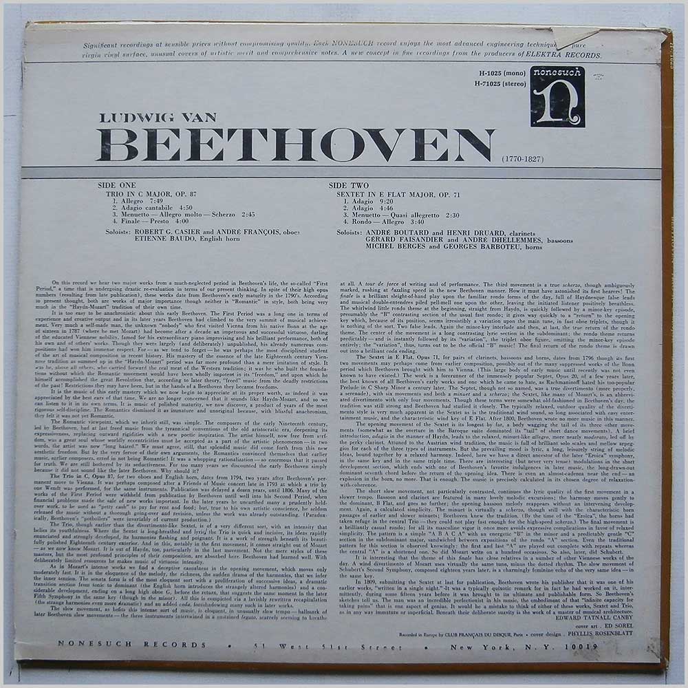 Robert G. Casier, Various - Ludwig Van Beethoven Trio in C Major, Sextet in E Flat Major  (H-71025) 