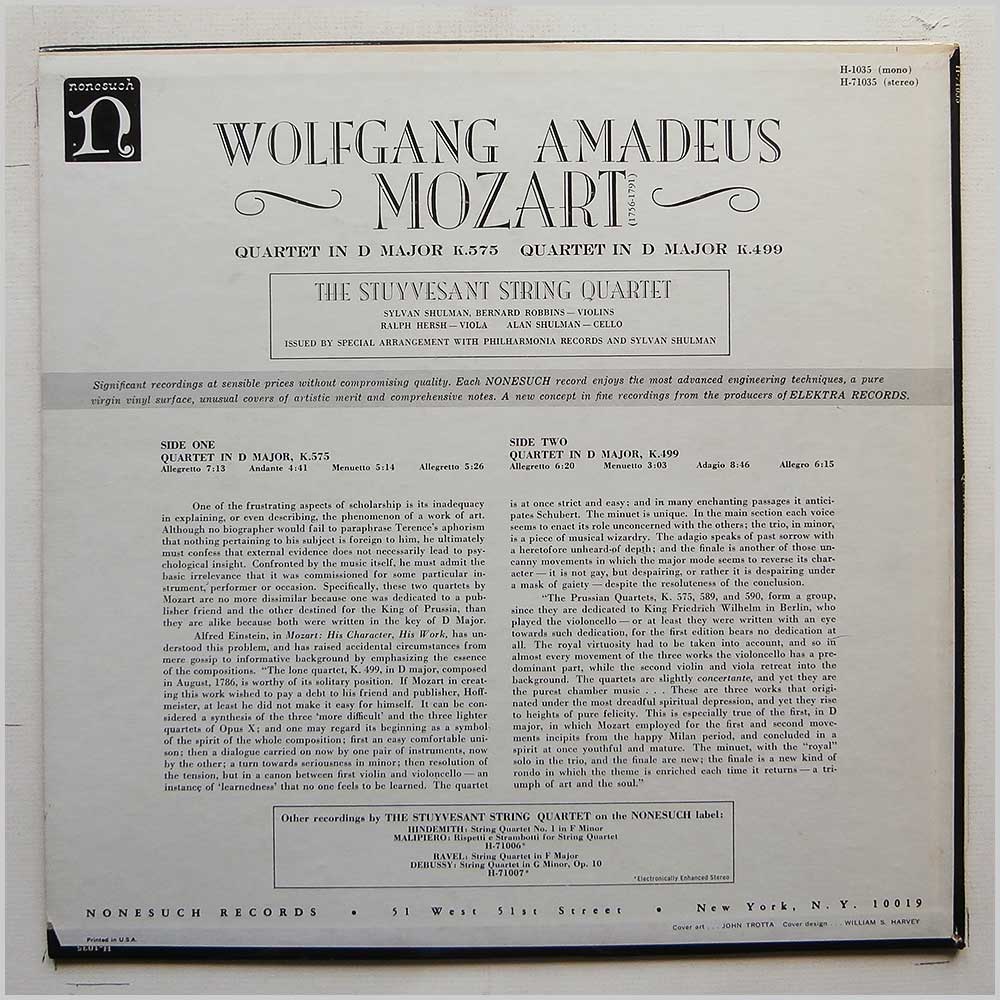 The Stuyvesant String Quartet - Wolfgang Amadeuss Mozart Quartet in D Major, K.575 and K.499  (H-71035) 