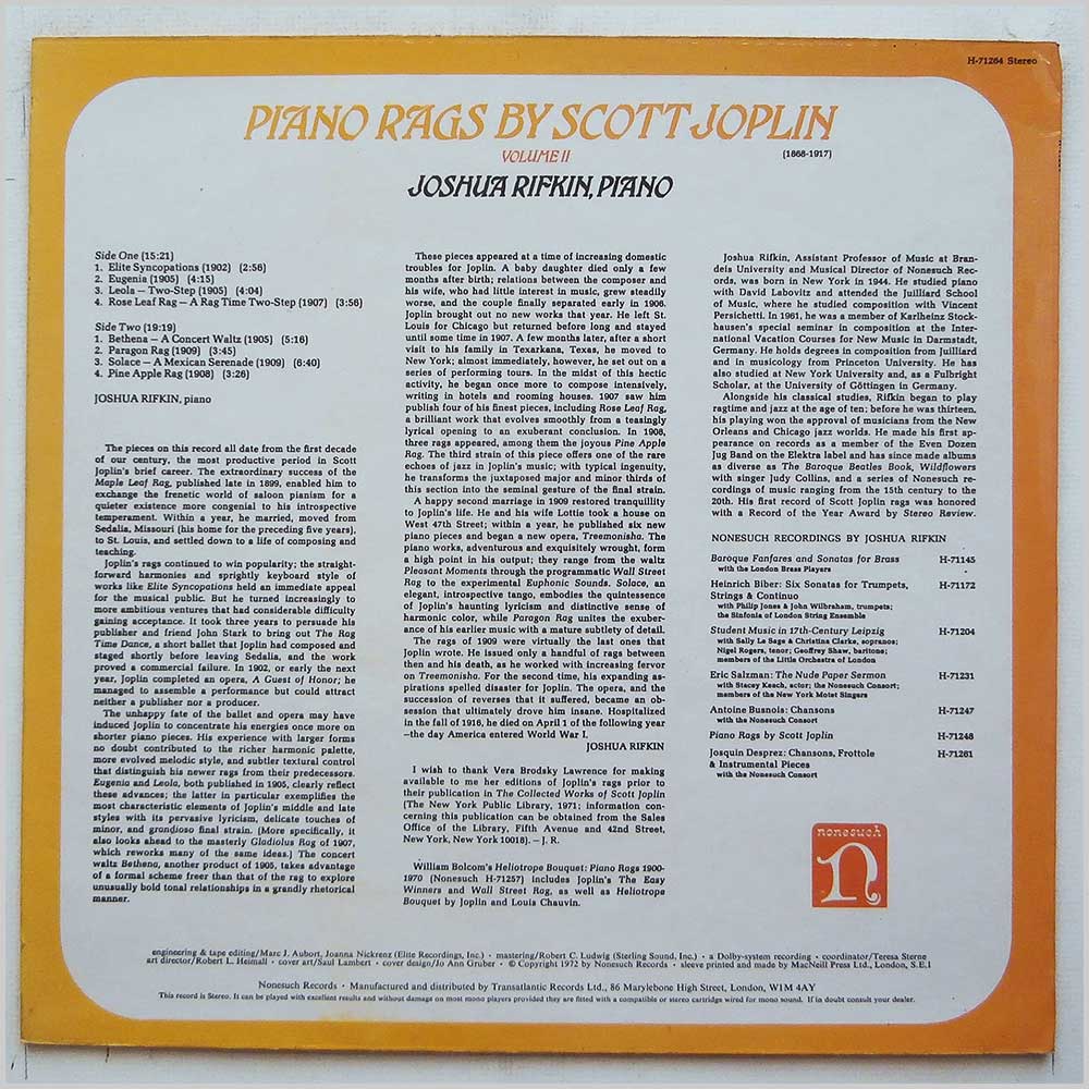 Joshua Rifkin - Volume II: Piano Rags By Scott Joplin  (H-71264) 