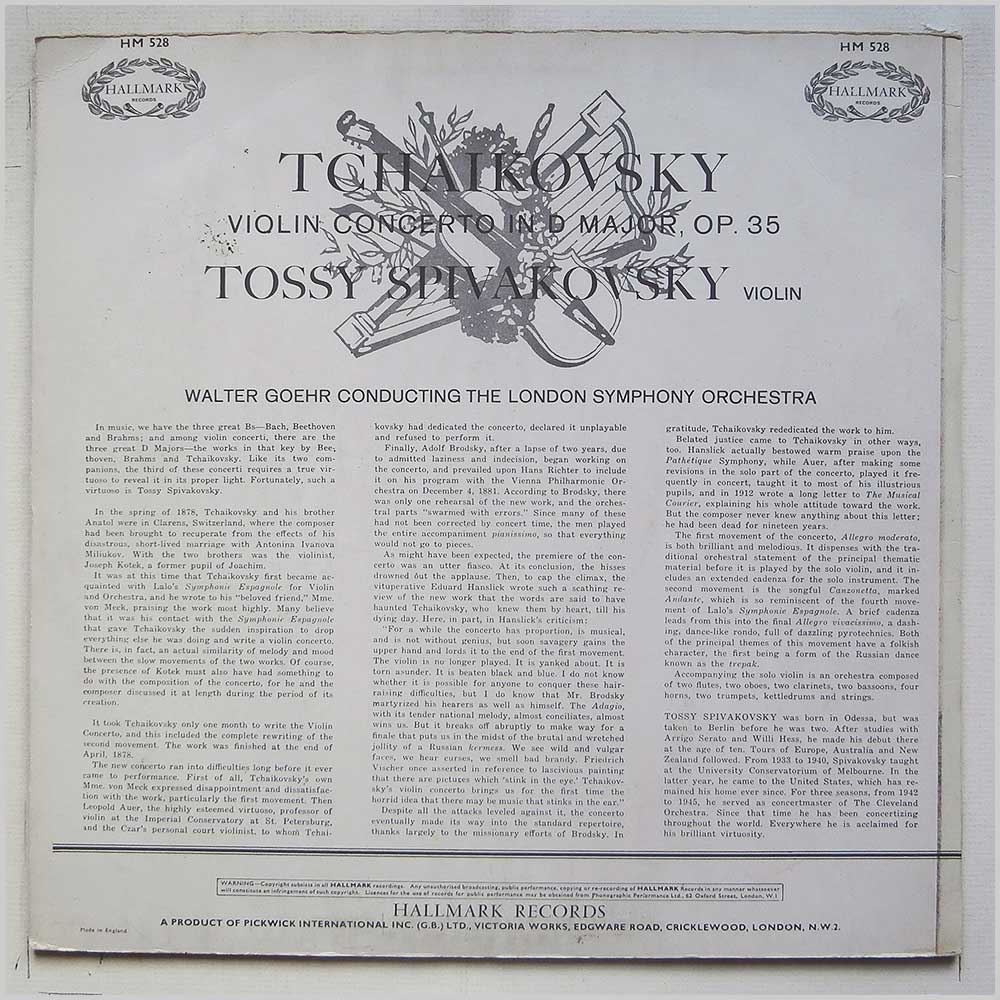 Tossy Spivakovsky, Walter Goehr, The London Symphony Orchestra - Gala Perfromance Tchaikovsky Violin Concerto  (HM. 528) 