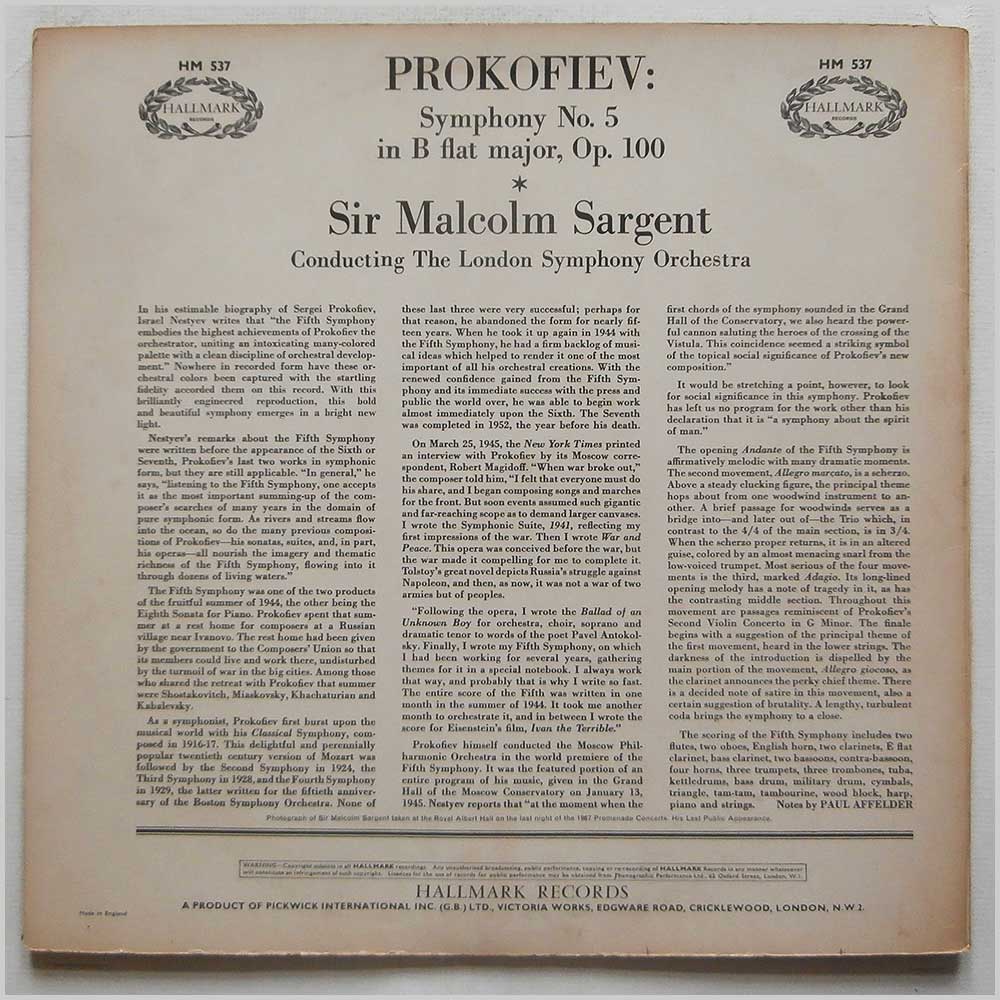 Sir Malcolm Sargent, The London Symphony Orchestra - Prokofiev: Symphony No. 5 in B Flat Major Op. 100  (HM 537) 