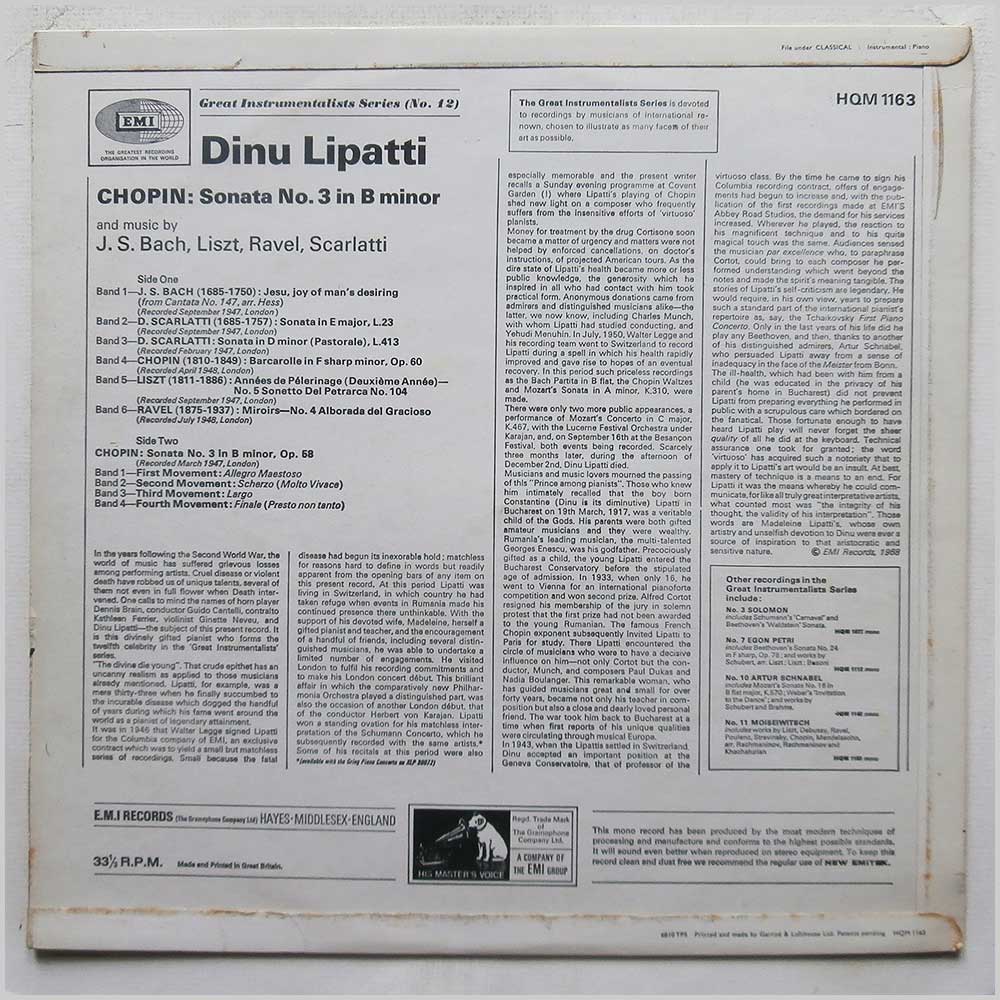 Dinu Lipatti - Chopin Sonata No. 3 In B Minor and Music By J. S. Bach, Liszt, Ravel, Scarlatti  (HQM 1163) 