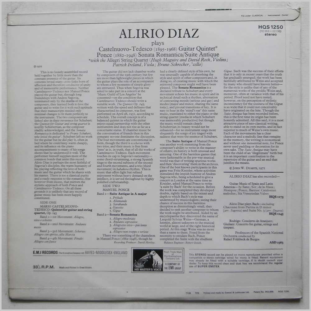 Alirio Diaz, The Allegri String Quartet - Castelnuovo-Tedesco: Guitar Quintet, Ponce: Sonata Romantica, Sonata Antique  (HQS 1250) 