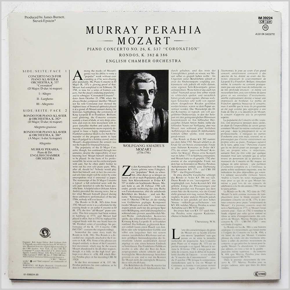 Murray Perahia, English Chamber Orchestra - Mozart: Piano Concerto No. 26 K. 537 Coronation, Rondos K. 382 and 386  (IM 39224) 