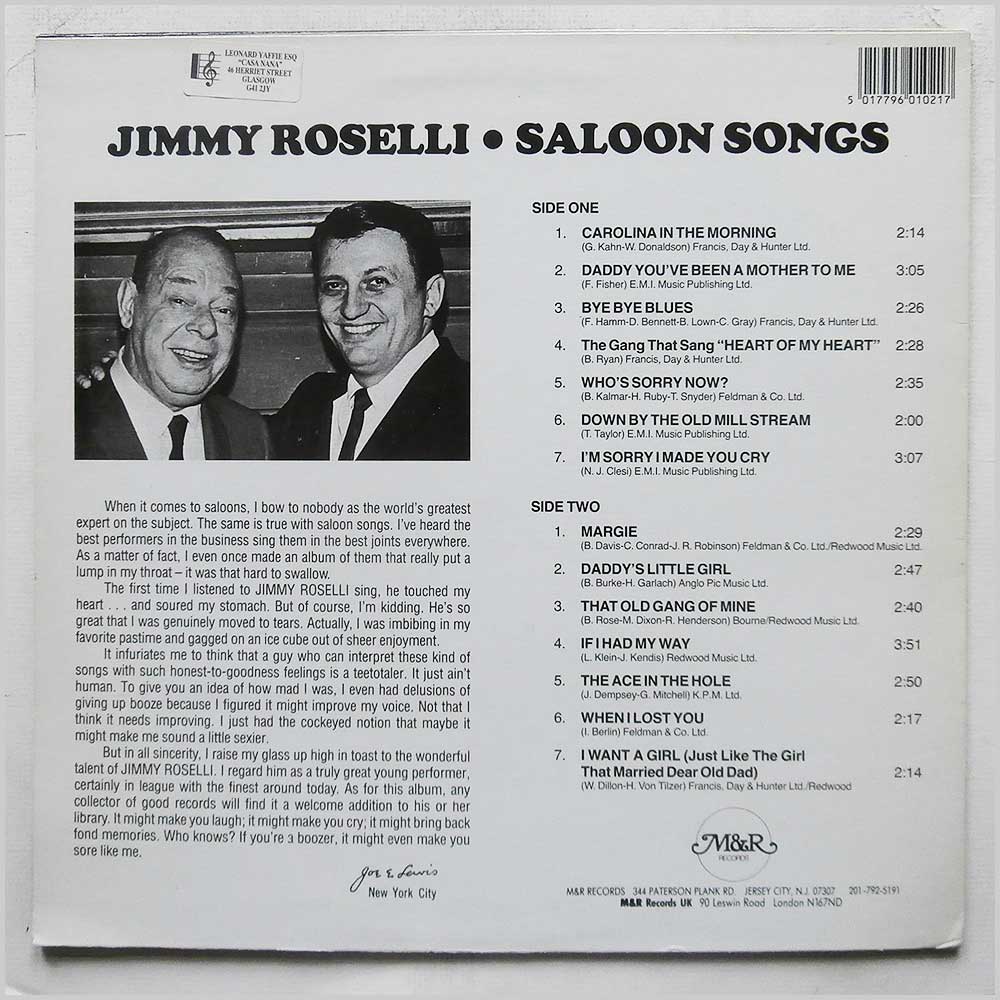 Jimmy Roselli - Saloon Songs  (JR 102) 