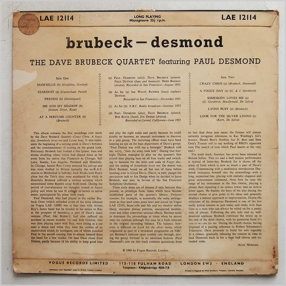 The Dave Brubeck Quartet, Paul Desmond - Brubeck Desmond  (LAE 12114) 