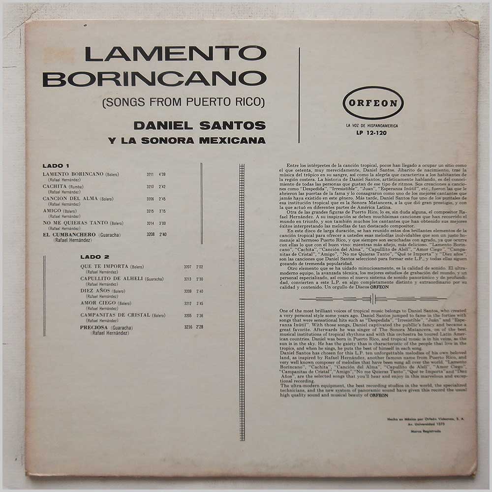 Daniel Santos Y La Sonora Mexicana - Lamento Borincano (Songs From Puerto Rico)  (LP 12-120) 