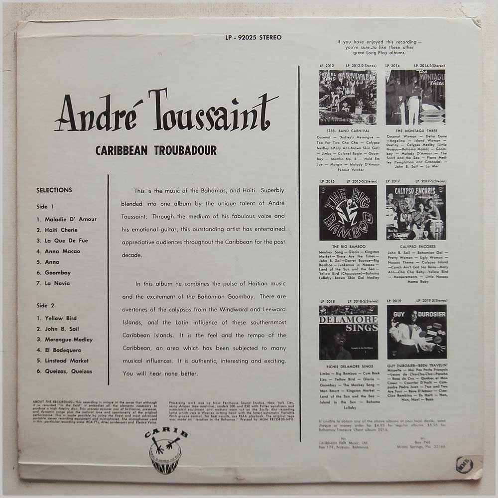 Andre Toussaint - Caribbean Troubadour  (LP-92025) 