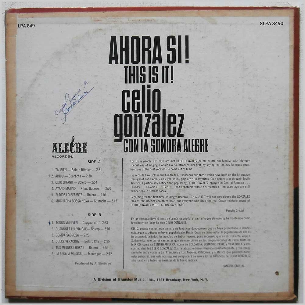 Celio Gonzalez Con La Sonora Alegre - Ahora Si! This Is It!  (LPA 849) 