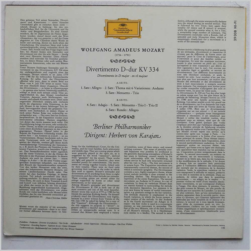 Herbert von Karajan, Berliner Philharmoniker - Mozart: Divertimento KV 334  (LPM 39 008) 