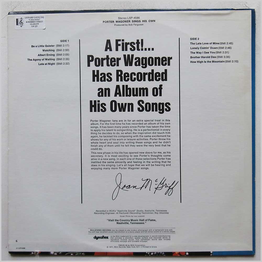 Porter Wagoner - Porter Wagoner Sings His Own  (LSP-4586) 