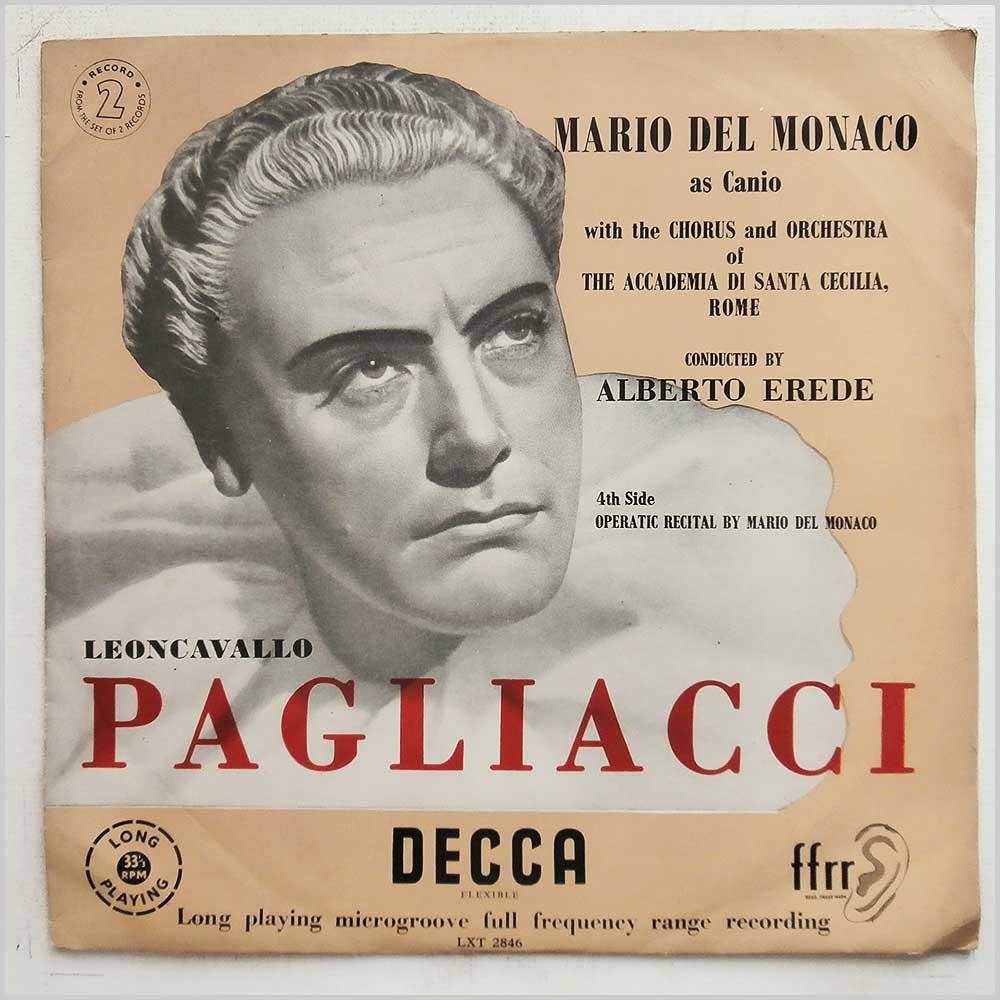 Mario del Monaco, The Chorus and Orchestra Of The Accademia Di Santa Cecilia, Rome, Alberto Erede - Leoncavallo: Pagliacci  (LXT 2846) 