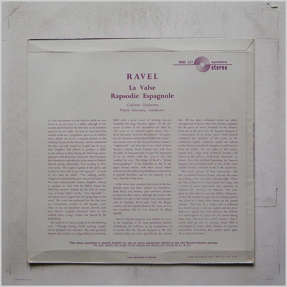 Pierre Dervaux, Colonne Orchestra - Ravel: La Valse, Rapsodie Espagnole  (M-217) 