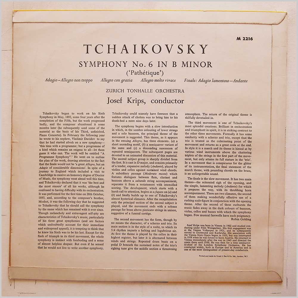 Josef Krips, Zurich Tonhalle Orchestra - Tchaikovsky: Symphony No.6 Pathetique  (M 2216) 
