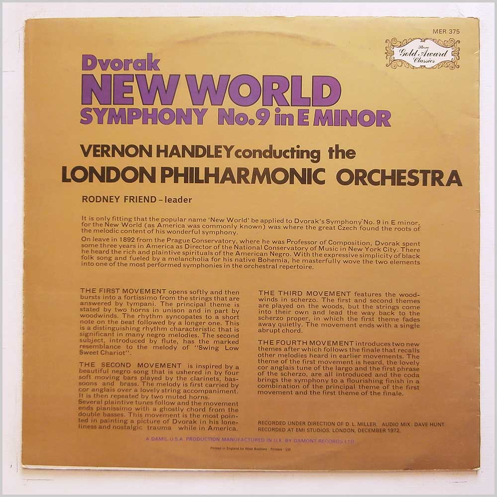 Vernon Handley, The London Philharmonic Orchestra - Dvorak: New World Symphony  (MER 375) 