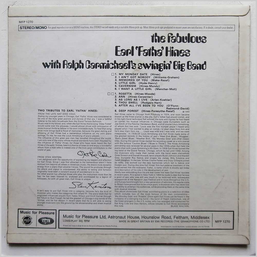 Earl Fatha Hines, Ralph Carmichael's Swingin' Big Band - The Fabulous Earl Fatha Hines With Ralph Carmichael's Swingin' Big Band  (MFP 1270) 