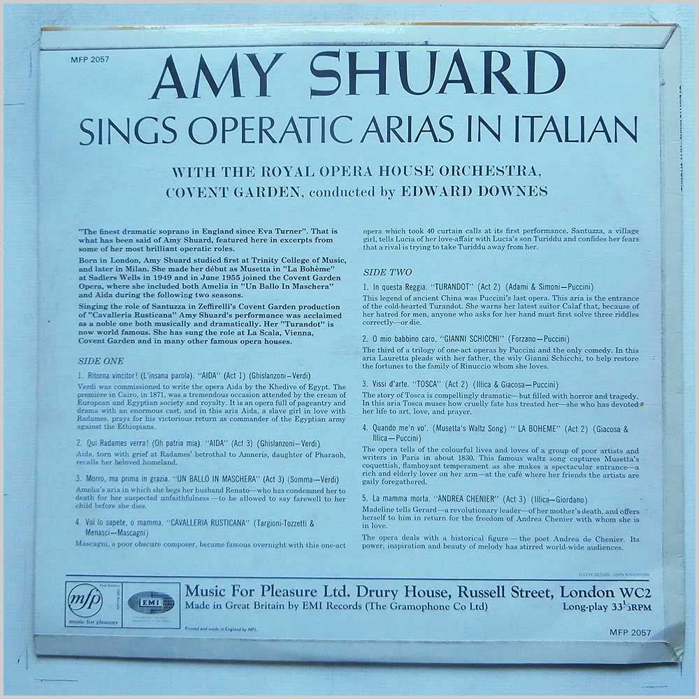 Amy Shuard, Orchestra Of the Royal Opera House Covent Garden, Sir Edward Downes - Operatic Arias  (MFP 2057) 