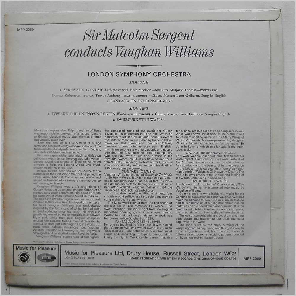 Sir Malcolm Sargent, London Symphony Orchestra - Sir Malcolm Sargent Conducts Vaughn Williams  (MFP 2060) 