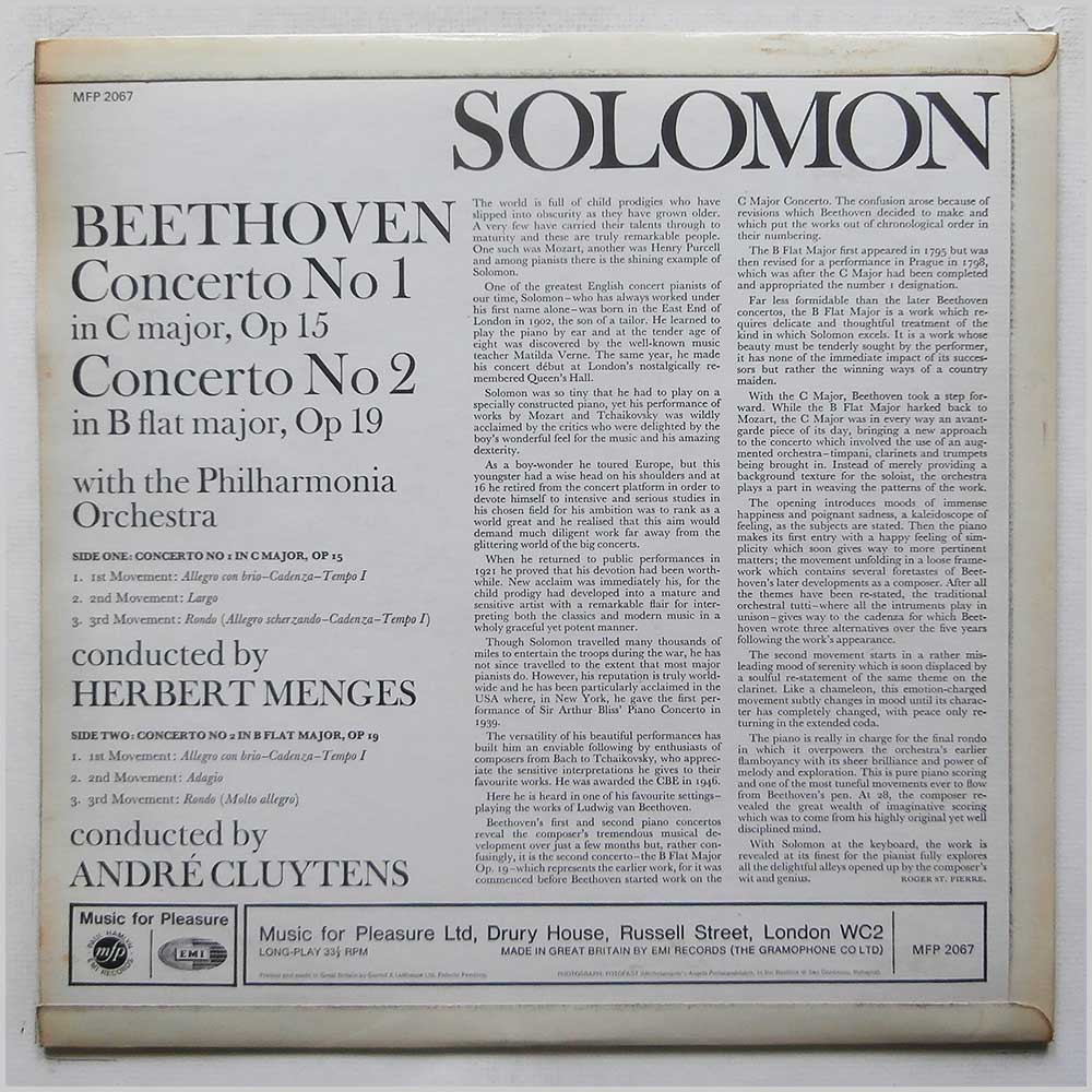 Solomon, Philharmonia Orchestra - Beethoven: Piano Concertos 1 and 2  (MFP 2067) 