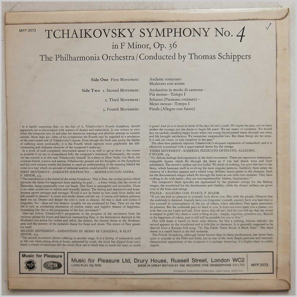 Thomas Schippers, Philharmonia Orchestra - Tchaikovsky: Symphony No. 4 In F Minor Op. 36  (MFP 2073) 