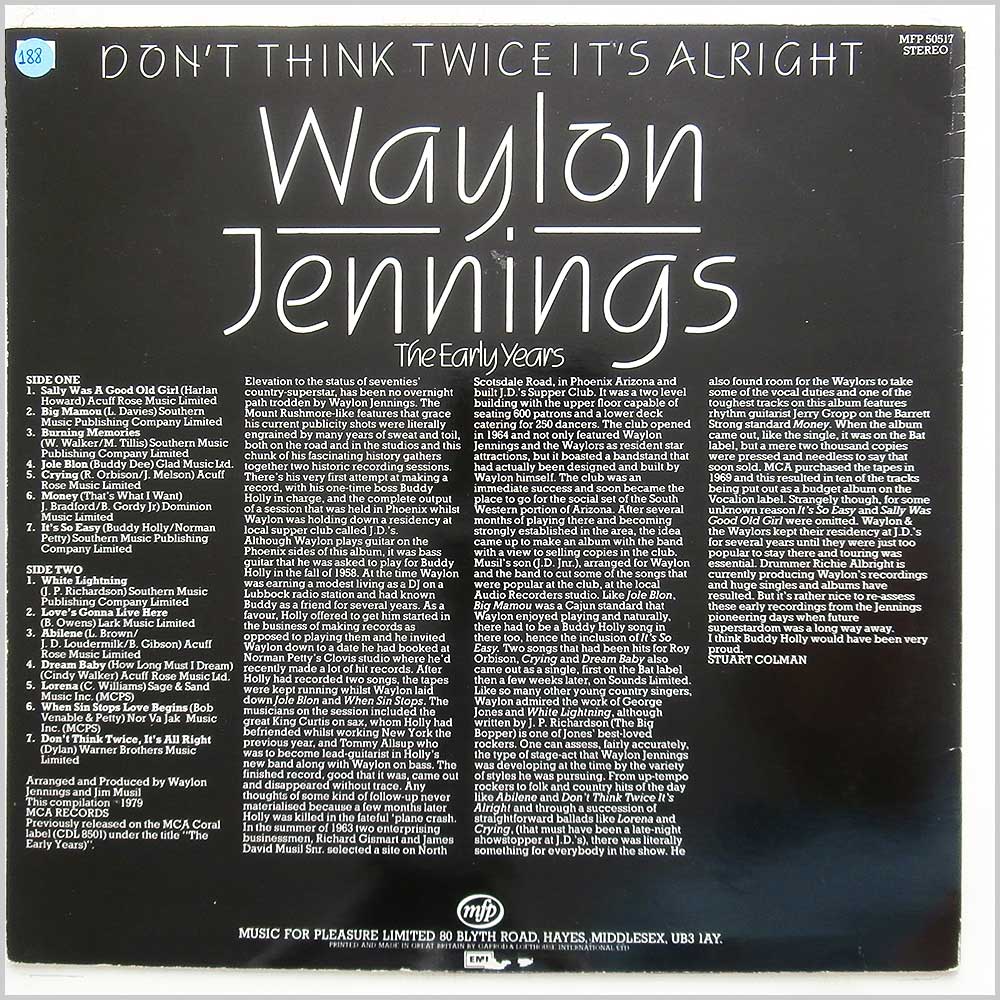 Waylon Jennings - Don't Think Twice It's Alright: The Early Years  (MFP 50517) 