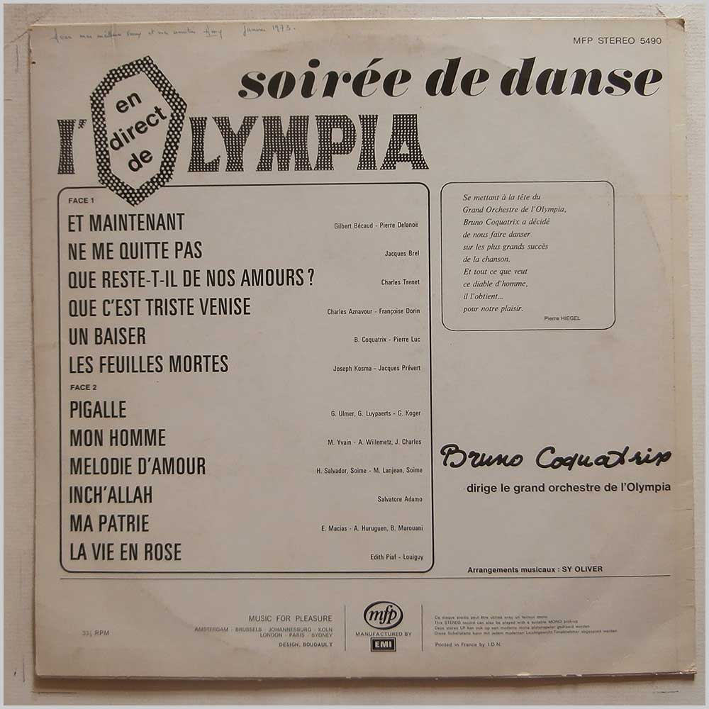 Bruno Coquatrix, Le Grand Orchestre De L'Olympia - Une Soiree De Danse En Direct De L'Olympia  (MFP 5490) 