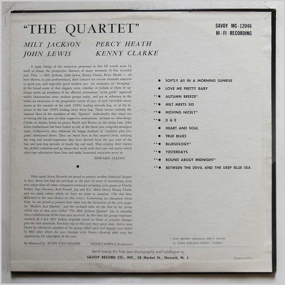 Milt Jackson, John Lewis, Percy Heath, Kenny Clarke - The Quartet  (MG 12046) 