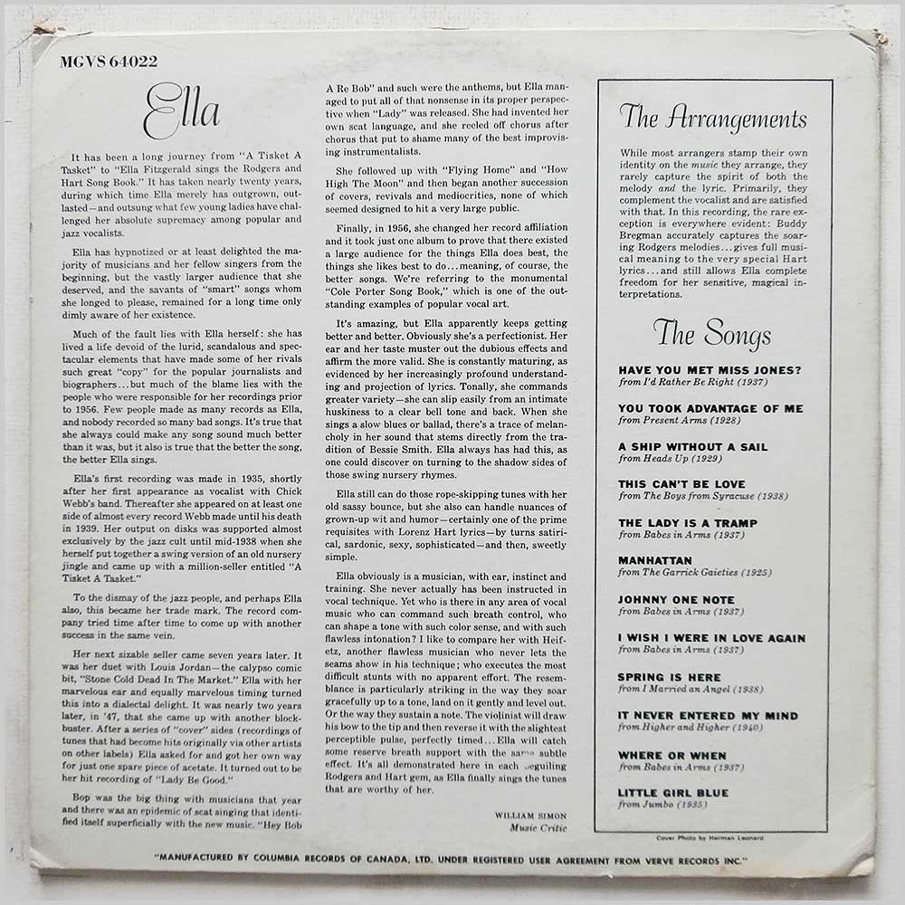Ella Fitzgerald - Ella Fitzgerald Sings The Rogers and Hart Song Book Volume 1  (MGVS 64022) 