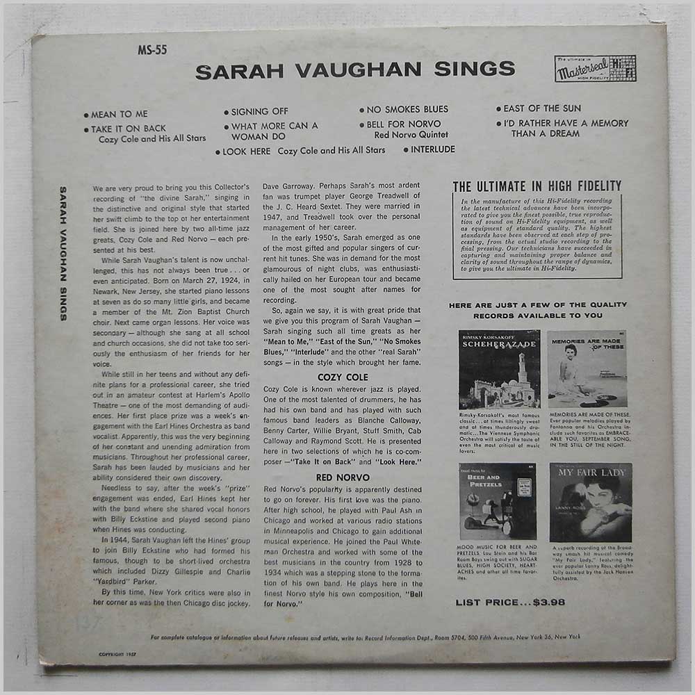 Sarah Vaughan - Sara Vaughan Sings  (MS-55) 