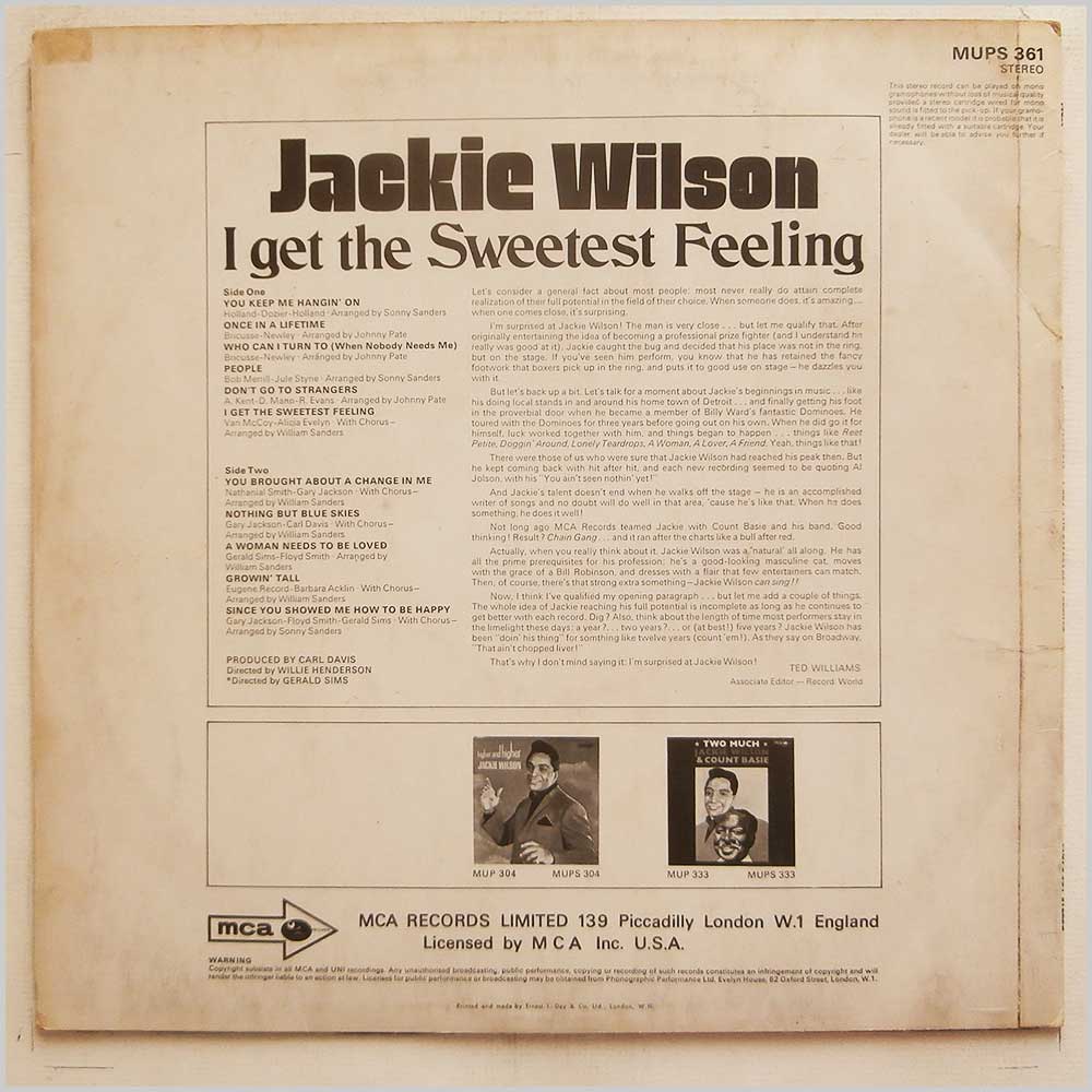 Jackie Wilson - I Get The Sweetest Feeling  (MUPS 361) 