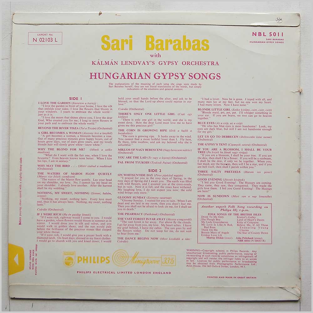 Sari Barabas, Kalman Lendvay - Hungarian Gypsy Songs  (NBL 5011) 