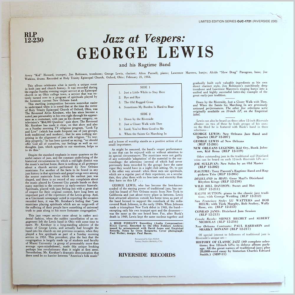 George Lewis and His Ragtime Band - Jazz At Vespers  (OJC-1721) 