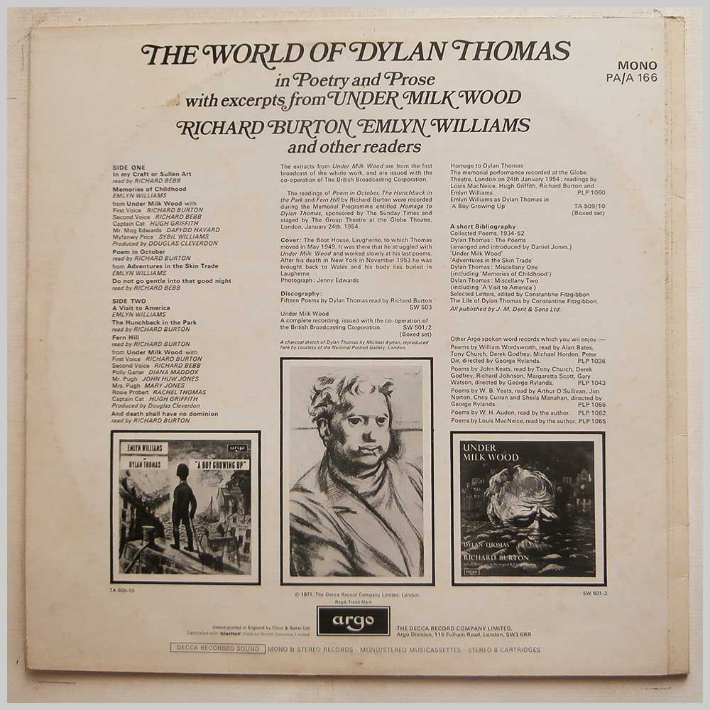 Richard Burton, Emlyn Willams and Other Readers - The World Of Dylan Thomas (In Poetry and Prose With Excerpts From Under Milkwood)  (PA/A 166) 