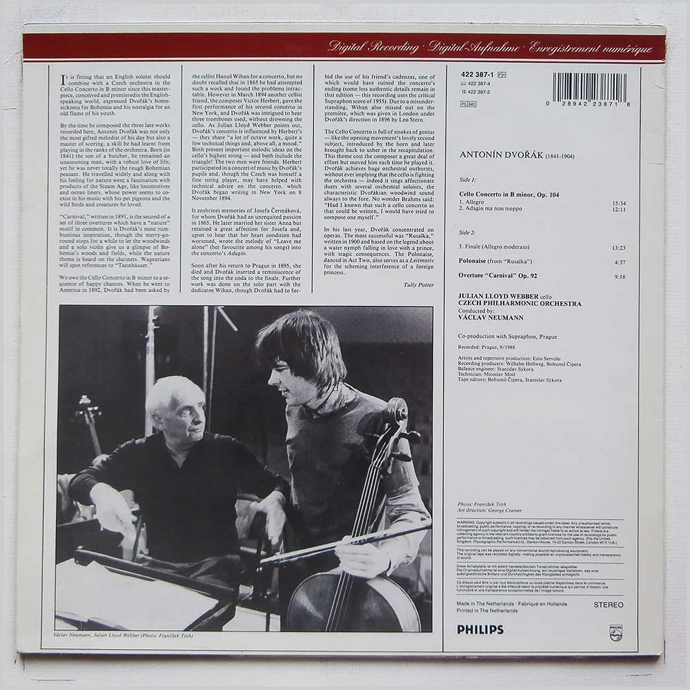 Julian Lloyd Webber, Vaclav Neumann, Czech Philharmonic Orchestra - Dvorak: Cello Concerto, Carnaval Overture, Polonaise  (PHILIPS 422 387-1) 