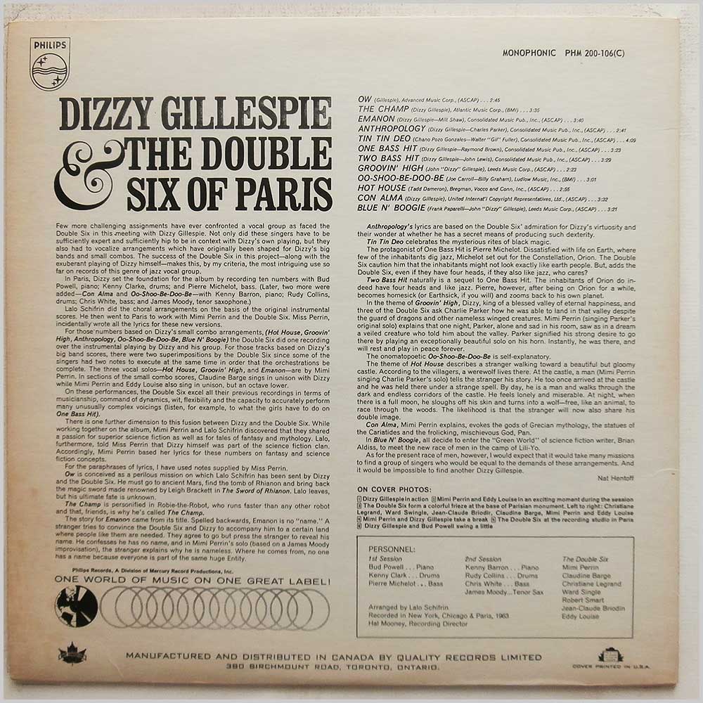 Dizzy Gillespie and The Double Six Of Paris - Dizzy Gillespie and The Double Six Of Paris  (PHM 200-106) 