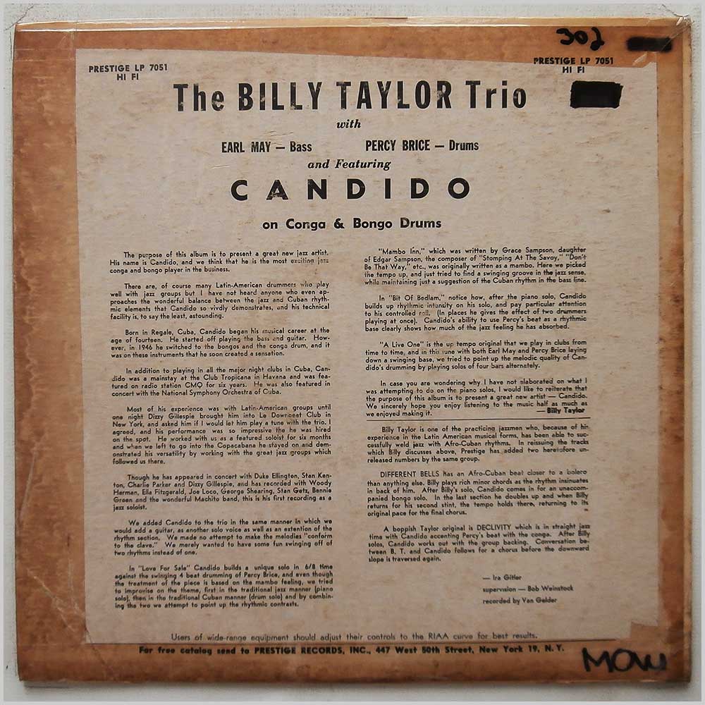 The Billy Taylor Trio, Candido - The Billy Taylor Trio with Candido  (PRLP 7051) 