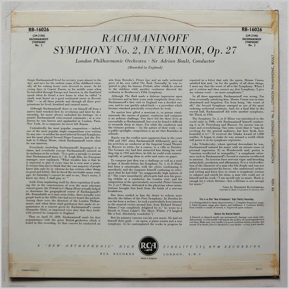 Sir Adrian Boult, London Philharmonic Orchestra - Rachmaninoff: Symphony No. 2  (RB-16026) 