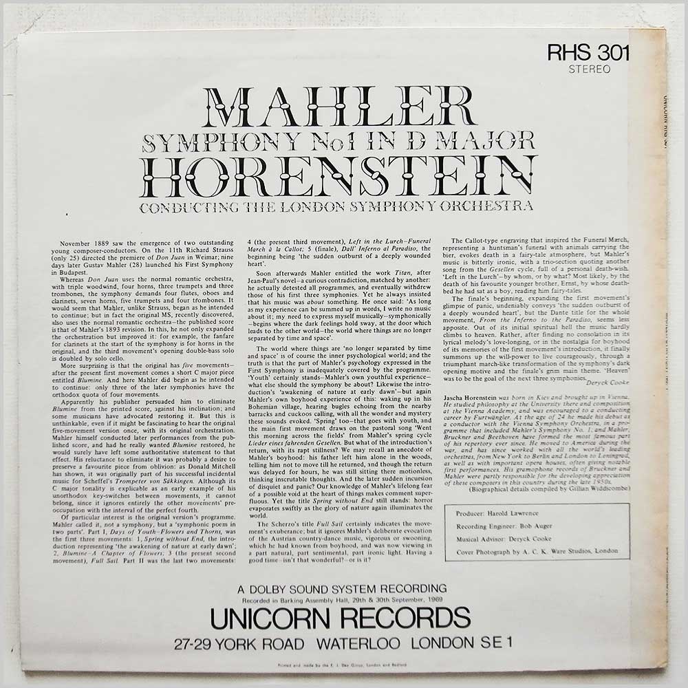 Jascha Horenstein, The London Symphony Orchestra - Mahler: Symphony No 1 in D Major  (RHS 301) 