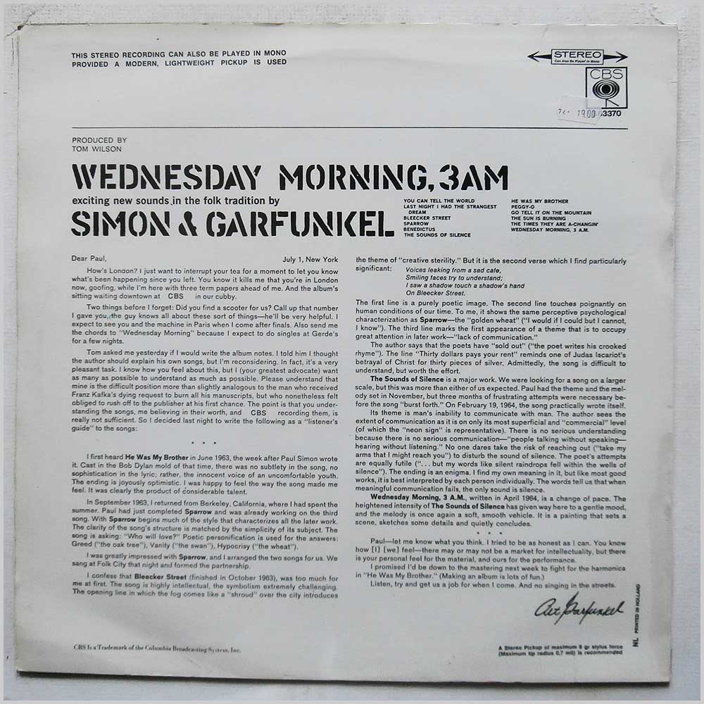 Simon and Garfunkel - Wednesday Morning, 3AM  (S 63370) 