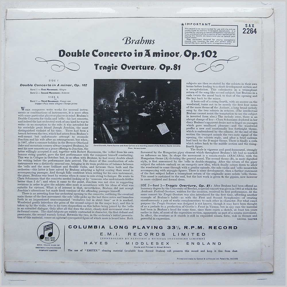 David Oistrakh, Pierre Fournier, Alceo Galliera, Philharmonia Orchestra - Brahms: Double Concerto in A Minor, Tragic Overture  (SAX 2264) 