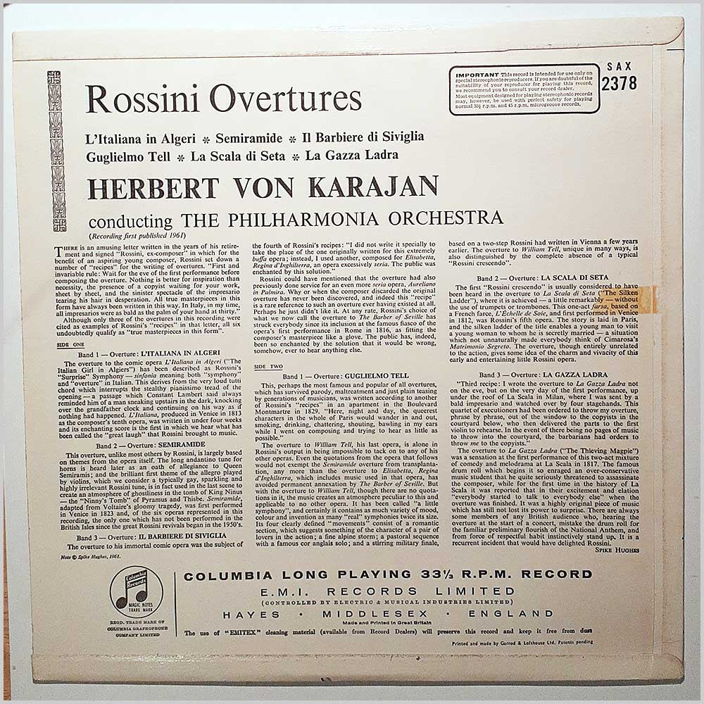 Herbert von Karajan, Philharmonia - Rossini: Overtures William Tell and The Famous Five  (SAX 2378) 