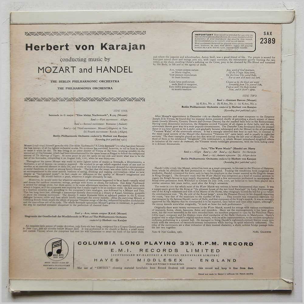 Herbert von Karajan, Berlin Philharmonic Orchestra, Singverein Der Gesellschaft Der Musikfreunde - Mozart: Eine Kleine Nachtmusik, 3 German Dances, Ave Verum Corpus K.618, Handel-Harty: Water Music Suite  (SAX 2389) 