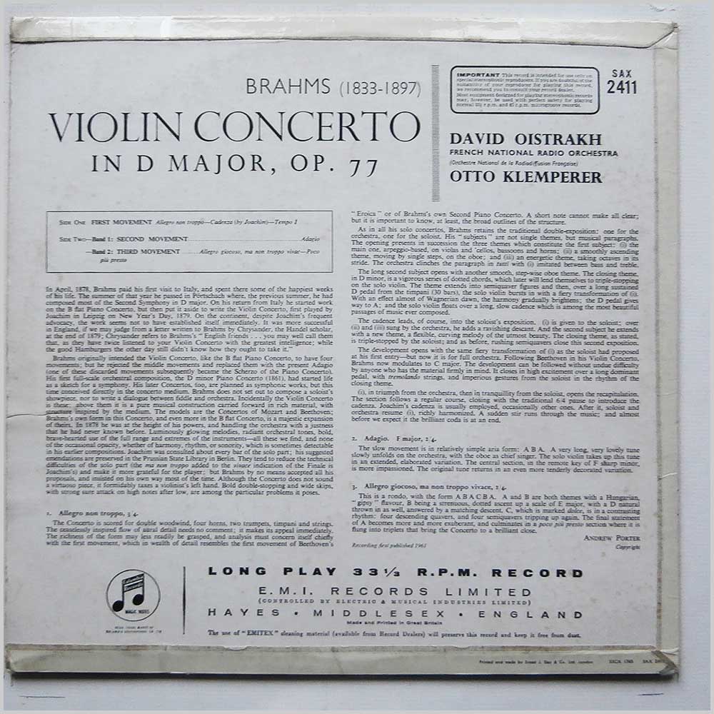David Oistrakh, Otto Klemperer, French National Radio Orchestra - Brahms: Violin Concerto  (SAX 2411) 