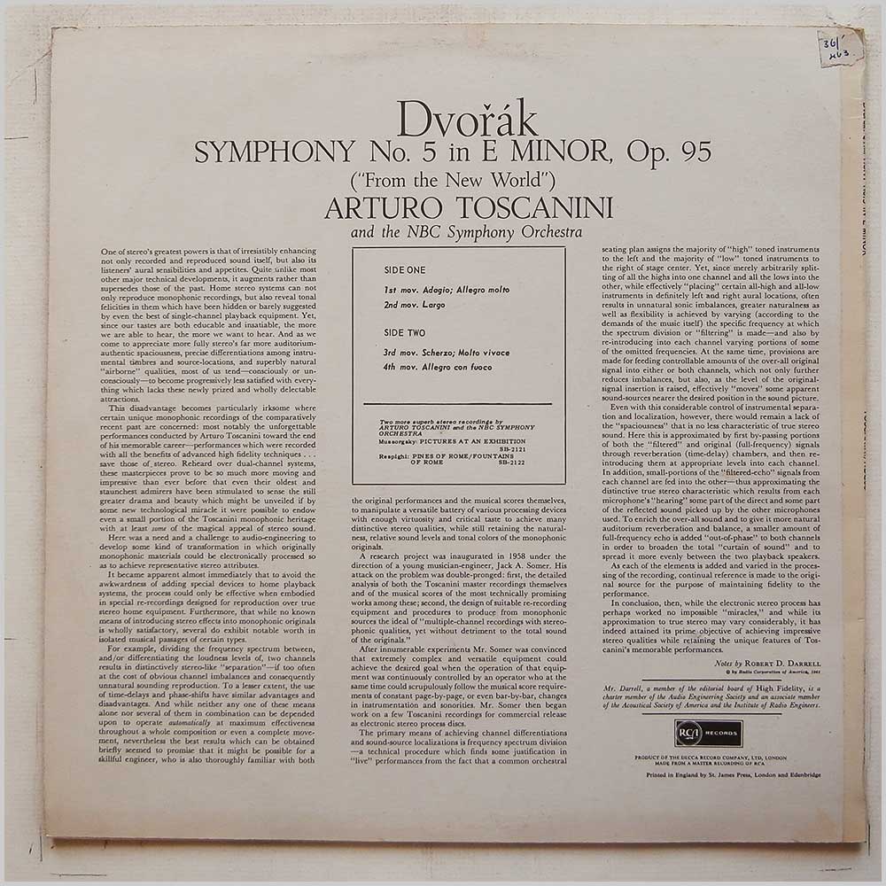 Arturo Toscanini, NBC Symphony Orchestra - Dvorak: Symphony From The New World  (SB-2123) 