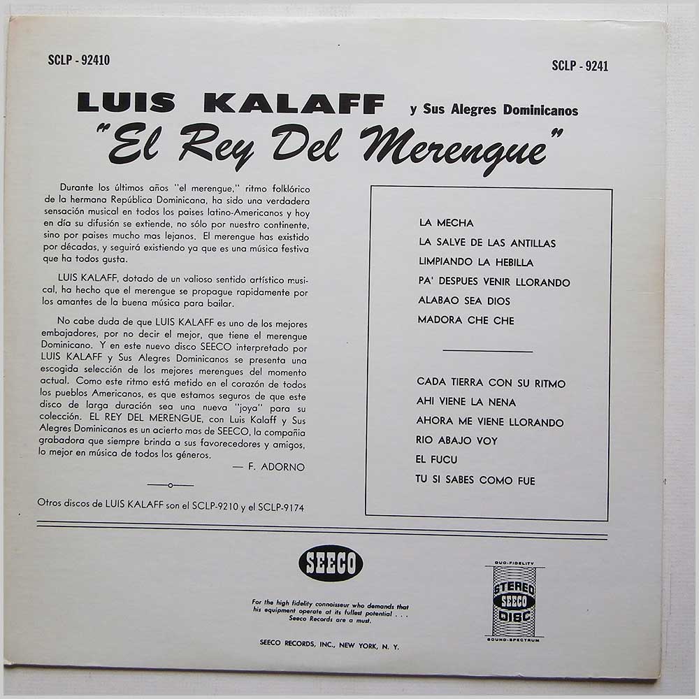Luis Kalaff Con Los Alegres Dominicanos - El Rey Del Merengue  (SCLP 9241) 