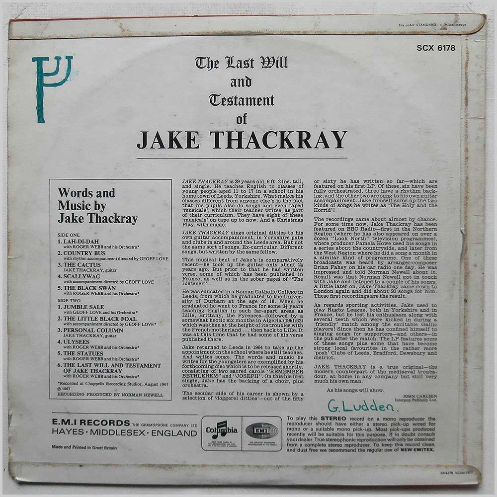 Jake Thackray - The Last Will and Testament of Jake Thackray  (SCX 6178) 