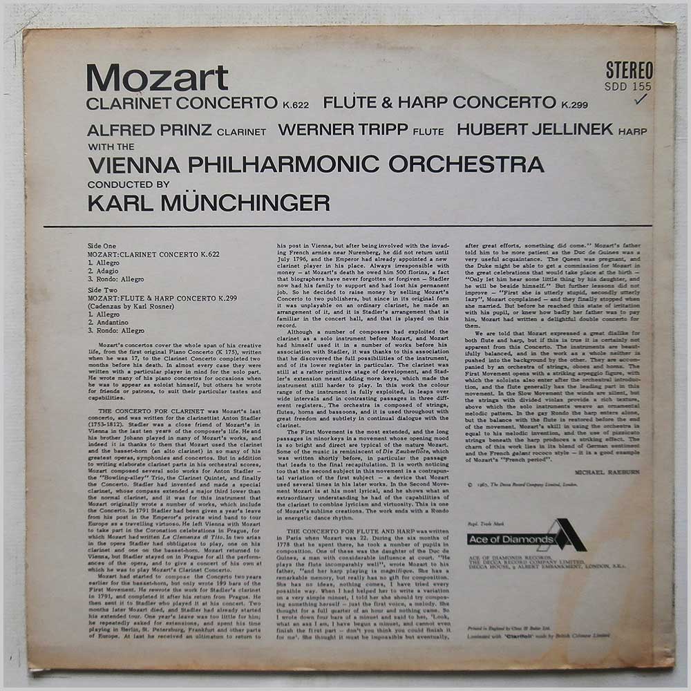 Karl Munchinger, Alfred Prinz, Vienna Philharmonic Orchestra - Mozart: Clarinet Concerto, Flute and Harp Concerto  (SDD 155) 